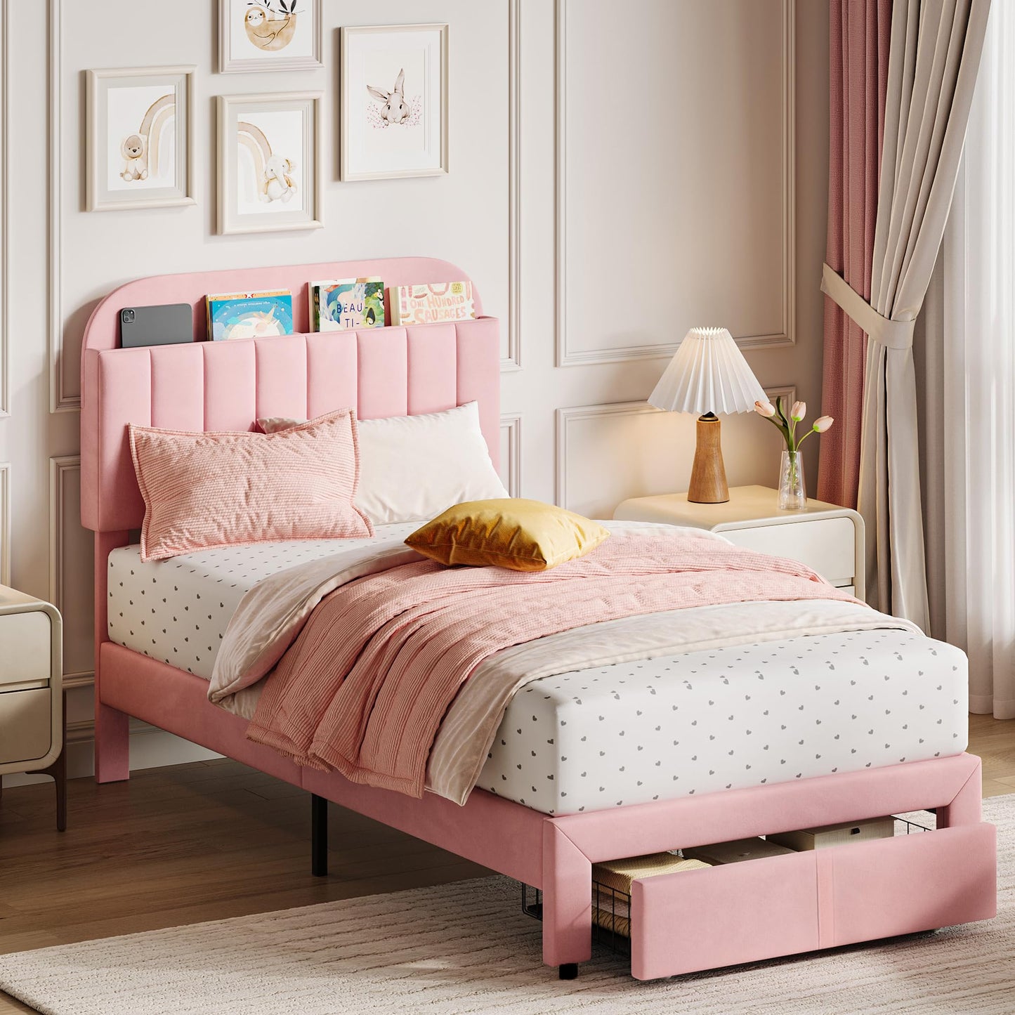 GarveeHome Twin Bed Frame with Drawer, Velvet Upholstered Platform Bed Frame with Storage Headboard, No Box Spring Needed, Easy Assembly, Noise-Free, Pink