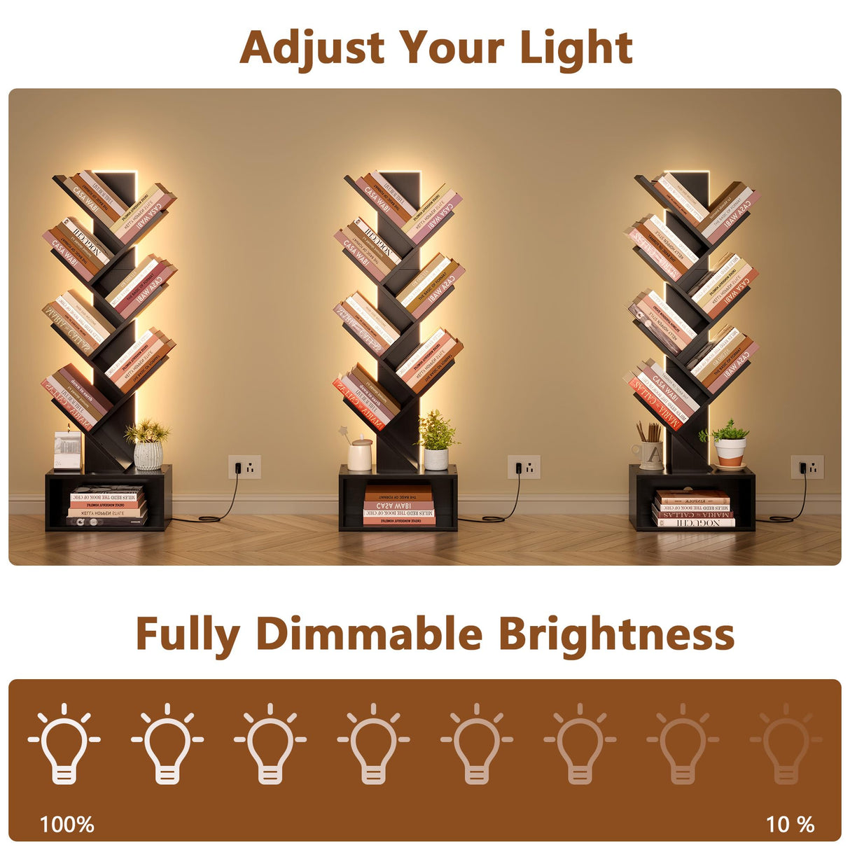 Hoctieon 6 Tier Tree Bookshelf, Tall Bookcase with Drawer, Freestanding Book Shelf with LED Lights, Display Floor Standing Storage Shelf, Book Organizer Shelves for Home Office, Living Room, Black Hoctieon