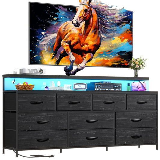 EnHomee 55" W Dresser for Bedroom with 10 Drawers Long Dresser with LED Lights & Power Outlets Wide Dressers & Chests of Drawers Large Dresser for Bedroom Dresser Metal Frame, Wood Top, Charcoal Black