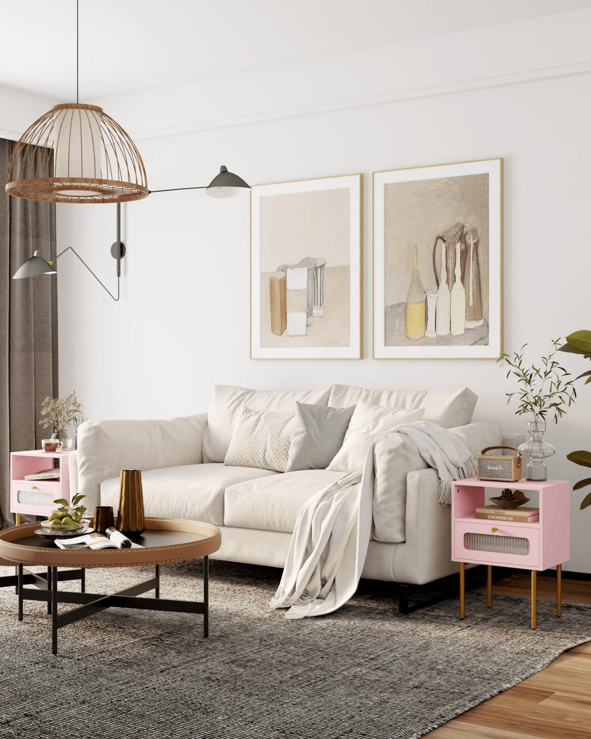 Leomonio Nightstand,Modern Beside Table with Storage Drawer and Open Wood Shelf,Small End Side Table with Glass Decorative Door and Gold Frame,for Living Room,Bedroom (Pink) Leomonio