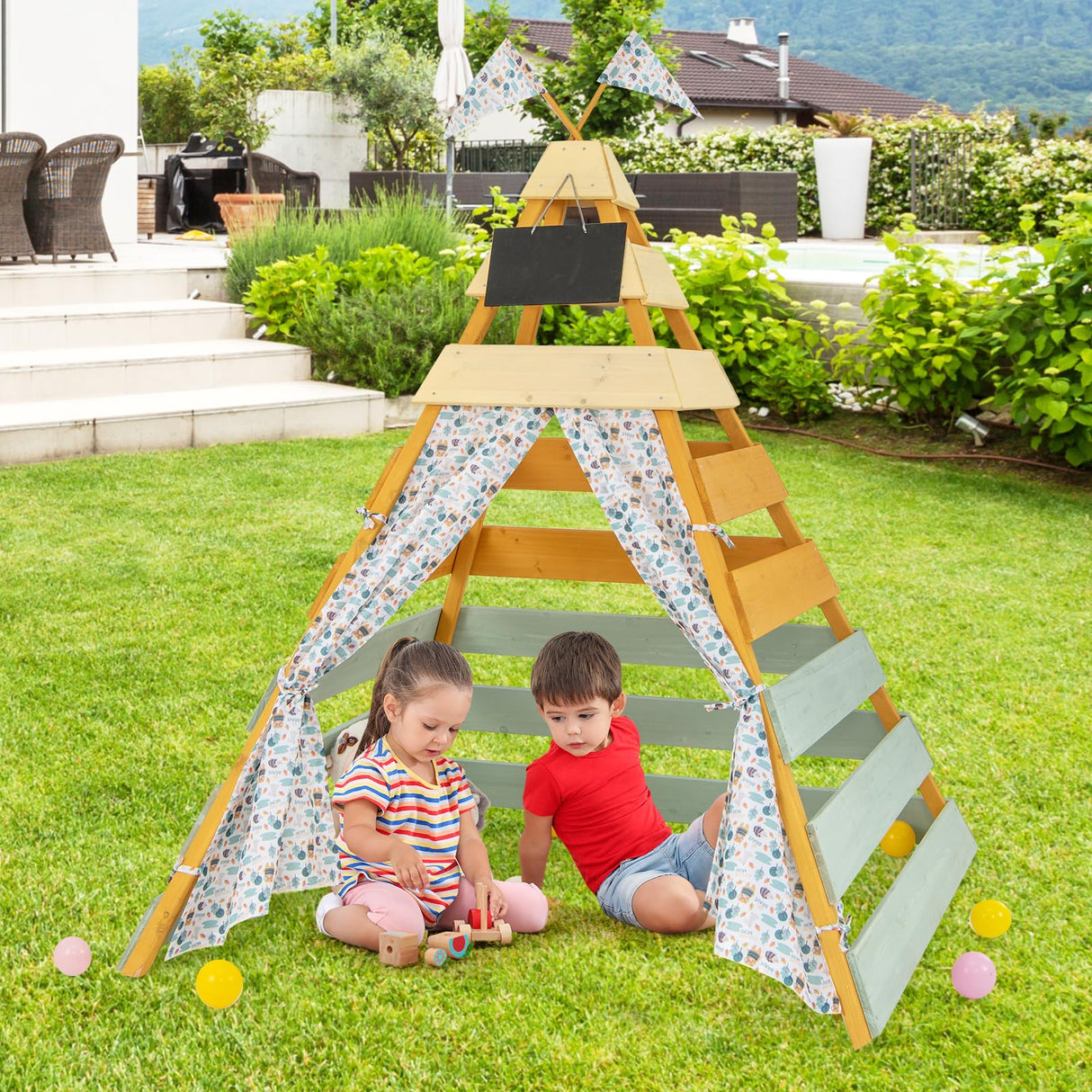 Costzon Kids Tent, Large Wooden Indoor Outdoor Triangle Hideaway Playhouse with Machine Washable Flags, Removable Chalkboard & Door Curtains, Teepee Tent for Kids Children 3-8 Years Old Costzon