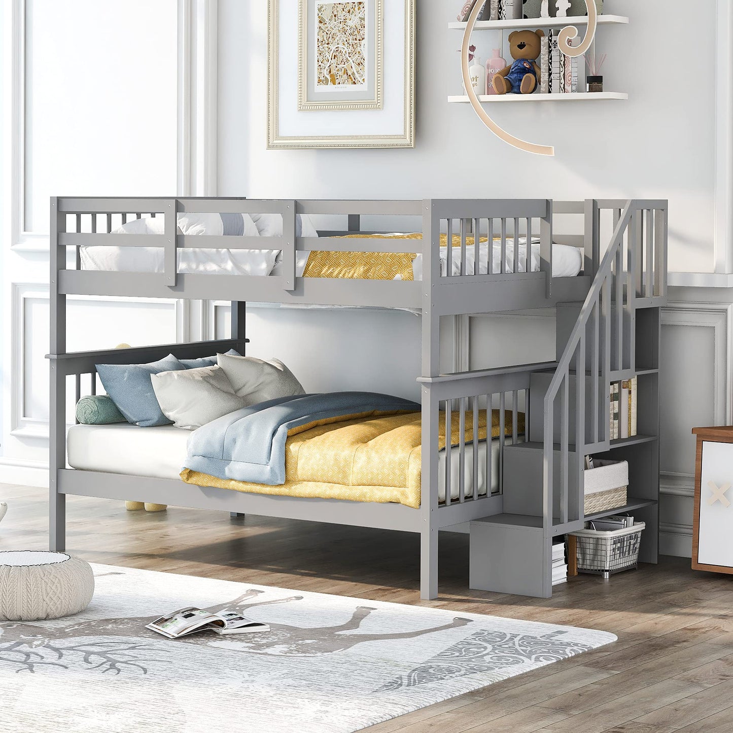 BOVZA Grey Full Over Full Bunk Bed with Storage Stairs and Safety Guard Rails - WoodArtSupply