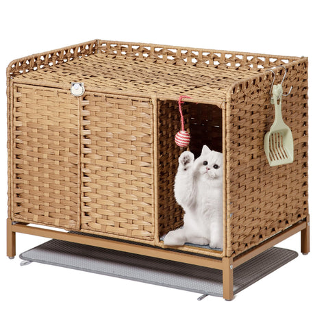 SETVSON Cat Litter Box Enclosure Cat Litter Box Furniture with Divider, Rattan Litter Box Enclosure with Cat Litter Mat, 31.2×19.6×24.2 Inches Hidden Cat Litter Box Cat House for Living Room (Natural) SETVSON