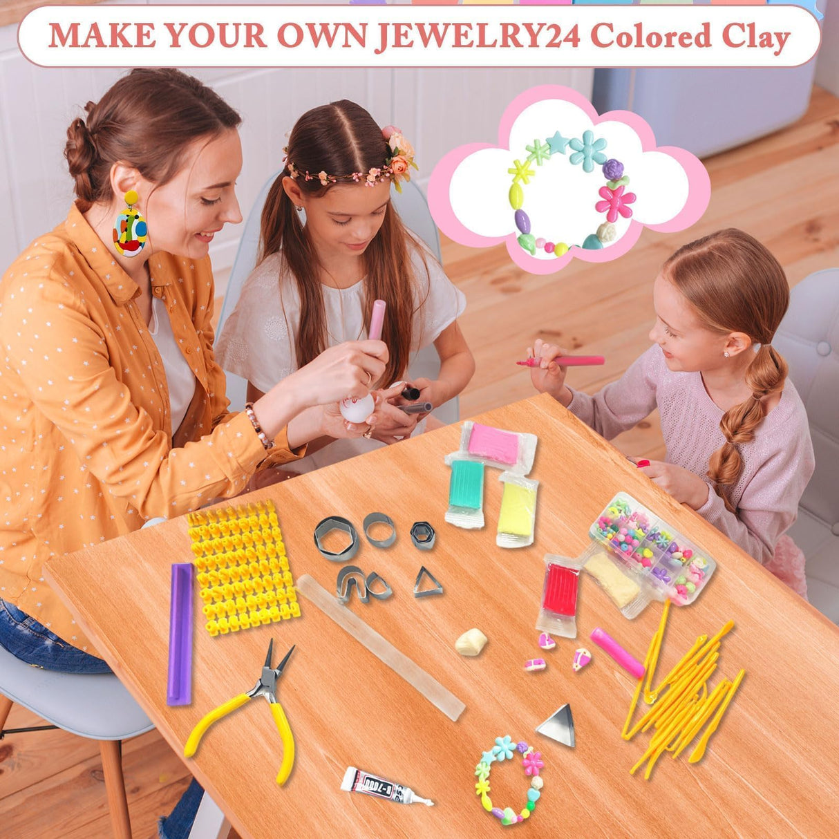 EggSun Polymer Clay Earring Kit & Clay Jewelry Making Kit with Cutters, 500+Pcs Jewelry Craft Supplies with 24 Oven-Bake Colors Cutters Ear Hooks Charms Beads Tools Instructions for Beginners & Adults EggSun