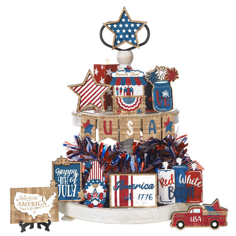 Amyhill 15 Pcs 4th of July Patriotic Tiered Tray Decor Set Memorial Day Decoration Red White Blue Wood Star Gnome Mini Sign Farmhouse American Flag Firework Table Decor Independence Day Decor for Home Amyhill