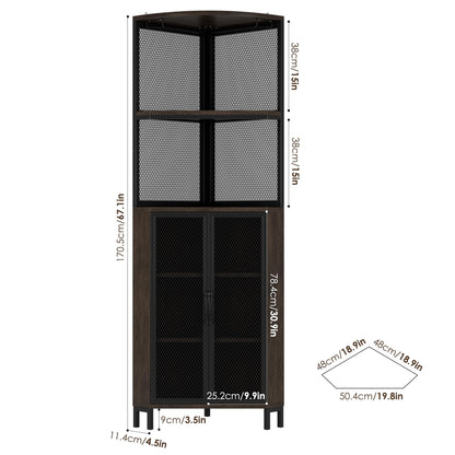 HITHOS 67" Tall Corner Bar Cabinet, Industrial Wine Bar Cabinet with Glass Holder, 6-Tier Liquor Cabinet with Adjustable Shelves, Corner Display Cabinet for Kitchen, Dining Room, Dark Brown - WoodArtSupply