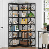 Condemo 7-Shelf Reversible Corner Bookshelf, Modern Industrial Tall Bookcase, 7-Tier Large L-Shaped Storage Shelf Display Rack with Metal Frame for Living Room, Home Office, Bedroom, Black Condemo