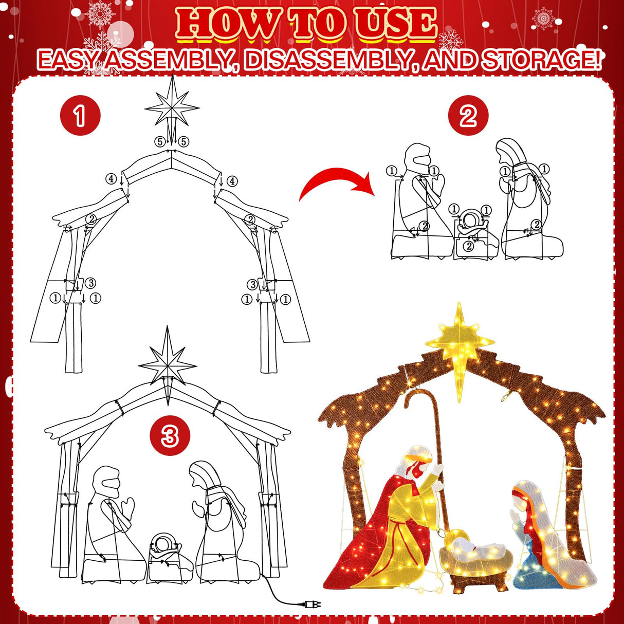 Tujoe Lighted Outdoor Nativity Scene Christmas Nativity Set with Yellow LED Lights Nativity Set Outdoor Christmas Yard Decorations Outdoor Christmas Holy Family Yard Decoration for Holiday Lawn Garden Tujoe