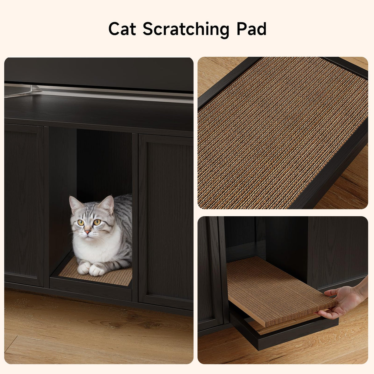 ONBRILL 59 Inches Cat Litter Box Enclosure for 2 Cats, Hidden Litter Boxes Furniture with Cat Scratch Pad, Large Indoor Pet House with Double Room, Wooden TV Stand Side Table, Black ONBRILL