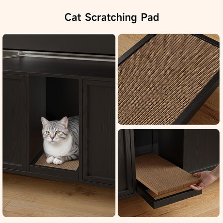 ONBRILL 59 Inches Cat Litter Box Enclosure for 2 Cats, Hidden Litter Boxes Furniture with Cat Scratch Pad, Large Indoor Pet House with Double Room, Wooden TV Stand Side Table, Black ONBRILL