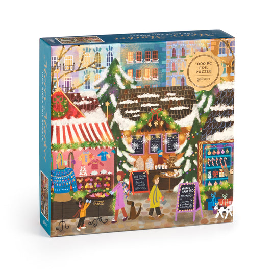 Galison Merry Market – 1000 Piece Foil Joy Laforme Jigsaw Puzzle Featuring Merry and Festive Outdoor Market for The Holidays with Gold Foil Accents