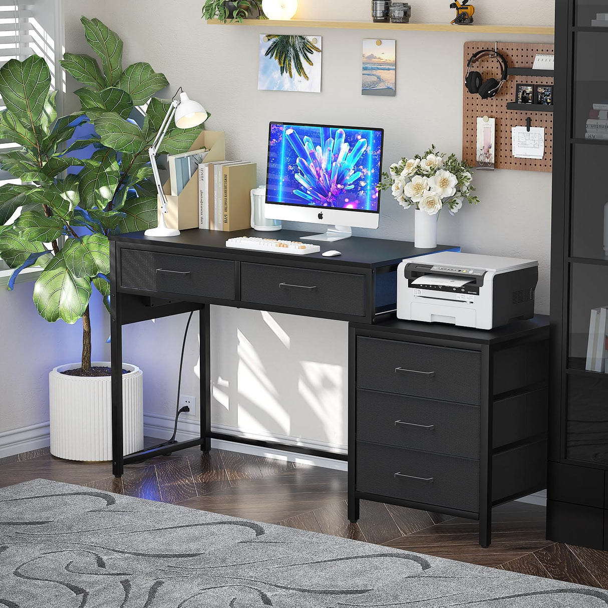 Hyomdeck Computer Desk with 5 Drawer, Reversible Office Desk with Power Outlets and USB Charging Ports, Sturdy Writing Table with File Cabinet and Printer Stand, Laptop Desk for Small Spaces, Black Hyomdeck