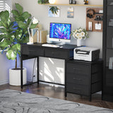 Hyomdeck Computer Desk with 5 Drawer, Reversible Office Desk with Power Outlets and USB Charging Ports, Sturdy Writing Table with File Cabinet and Printer Stand, Laptop Desk for Small Spaces, Black Hyomdeck