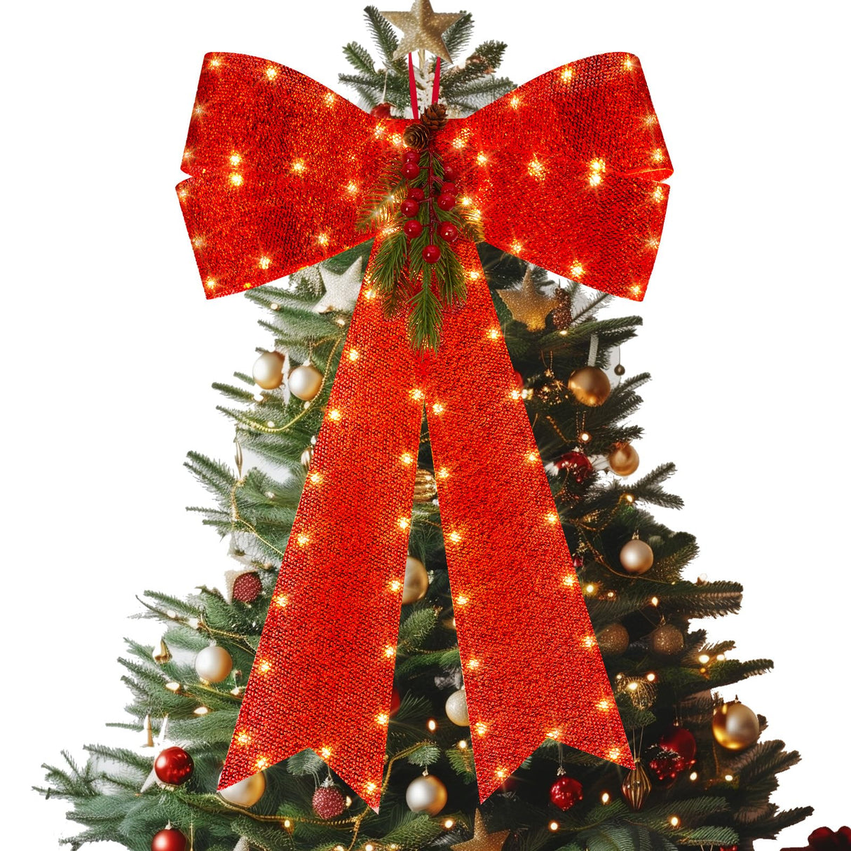 LED Red Bows Christmas Decorations, 16'' x 24'' Christmas Bows for Wreaths with Timer, Tree Topper Bow with Realistic Red Berries Pine Cone Needles for Christmas, Party, Home Decoration Brightown
