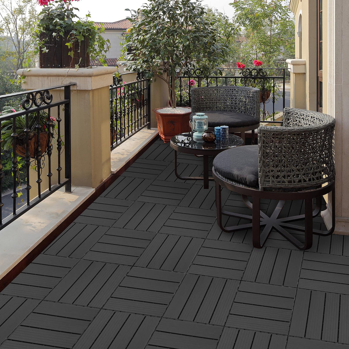 Cozurra Deck Tiles, 44 PCS Interlocking Deck Tiles, 12"x12" Waterproof Plastic Outdoor Flooring Patio Tiles for Balcony, Backyard, Indoor & Outdoor Use, All-Weather Patio Flooring, Dark Gray, 44 sq.ft Cozurra