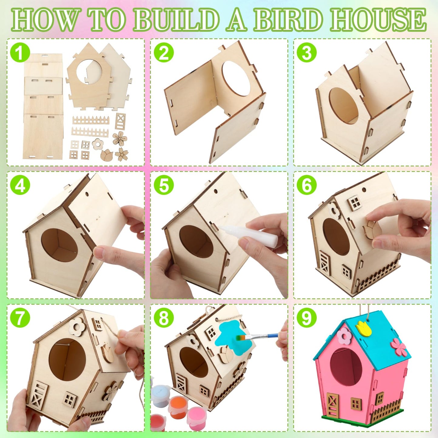 Colingmill 6 Pcs DIY Bird House Wooden Kits for Kids to Paint and Built Unfinished Wood Birdhouse Art Crafts with Paints and Brushes for Kids Girls Boys Toddlers Gifts