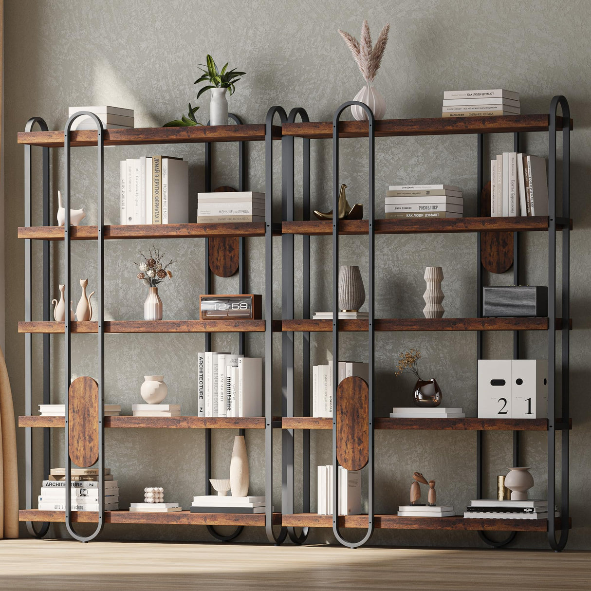 FUSUNBAO 5-Tier Wooden and Metal Frame Bookshelf,Vintage Industrial Modern Style Tall Bookcase，74 "H x 12 "W x 47" L,Rustic Large Wooden Shelf，Display Shelf for Home Office FUSUNBAO