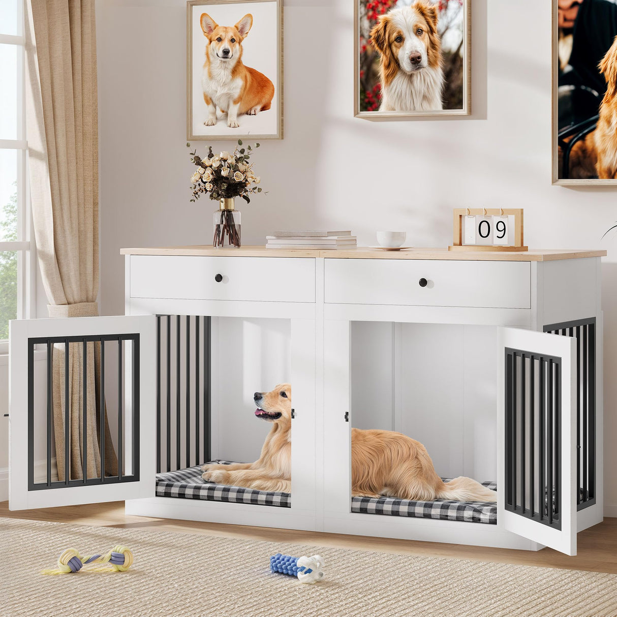 YITAHOME 60" Wooden Dog Crate Furniture with Removable Divider & Storage Drawers, Double Door Kennel with Locks for Medium and Large Dogs, Multi-Functional Dog Crate End Table for Indoor use, White YITAHOME