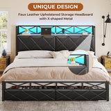 DICTAC King Size Bed Frame with Storage Headboard, LED Lights, and 2 Drawers – No Box Spring Needed, Black DICTAC
