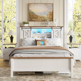 Fameill Farmhouse Queen Size Bed Frame with Storage Headboard, Sliding Barn Door Design, 2-Tier Shelves Storage Bookcase, Charging Ports & USB Outlets, LED Light, No Box Spring Needed, Easy Assembly Fameill