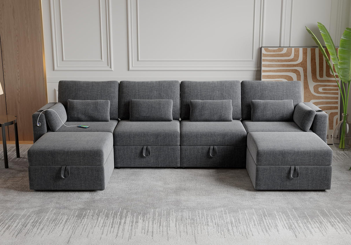 Modular Sectional Sofa with Storage, U Shaped Sectional Sofa with Chaise & Ottomans, Convertible 6 Seat Couch for Living Room with High Supportive Waist Pillow and Cup Holder ISHUHL