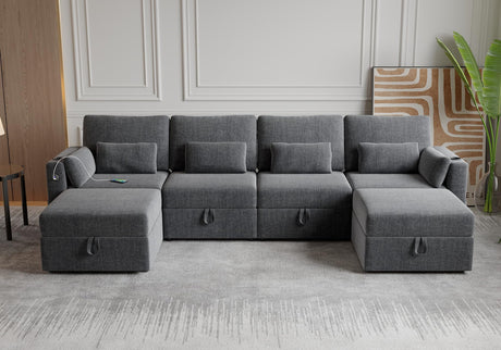 Modular Sectional Sofa with Storage, U Shaped Sectional Sofa with Chaise & Ottomans, Convertible 6 Seat Couch for Living Room with High Supportive Waist Pillow and Cup Holder ISHUHL