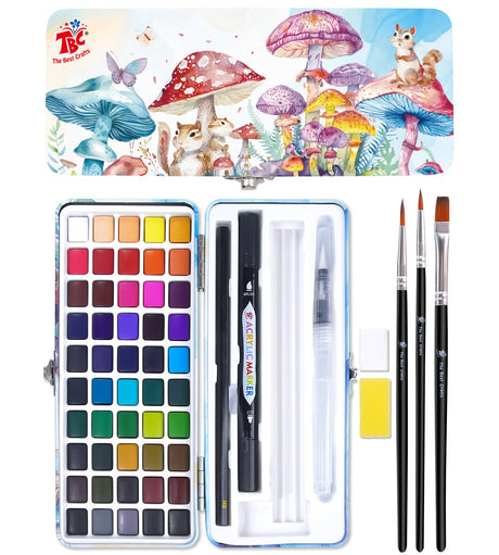 TBC The Best Crafts 50 Colors Watercolor Paint Set For Kids, Students and Artists, Amateur,Beginner.Set includes Coloring Sheets, Black Dual Tip Acrylic Paint Markers, Storage Bag TBC The Best Crafts
