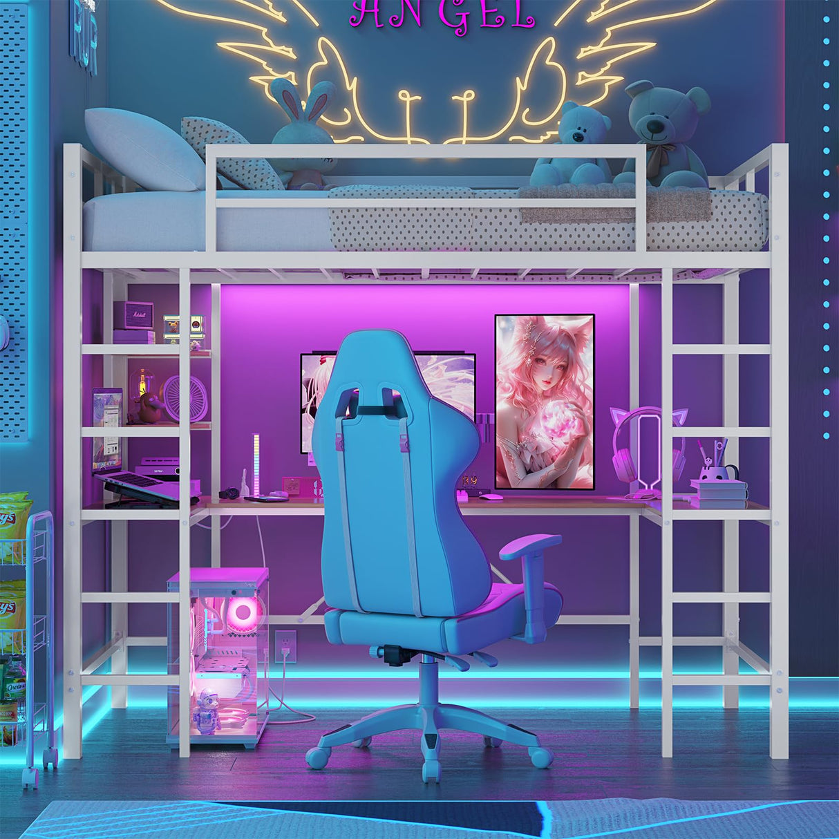 Hasuit Twin Size Loft Bed with U-Shaped Desk, Charging Station &LED Lights, Twin LED Loft Bed with Open Storage Shelves, Safety Guardrail & Double Ladder,No Box Spring Needed, White Metal Loft Bed Hasuit