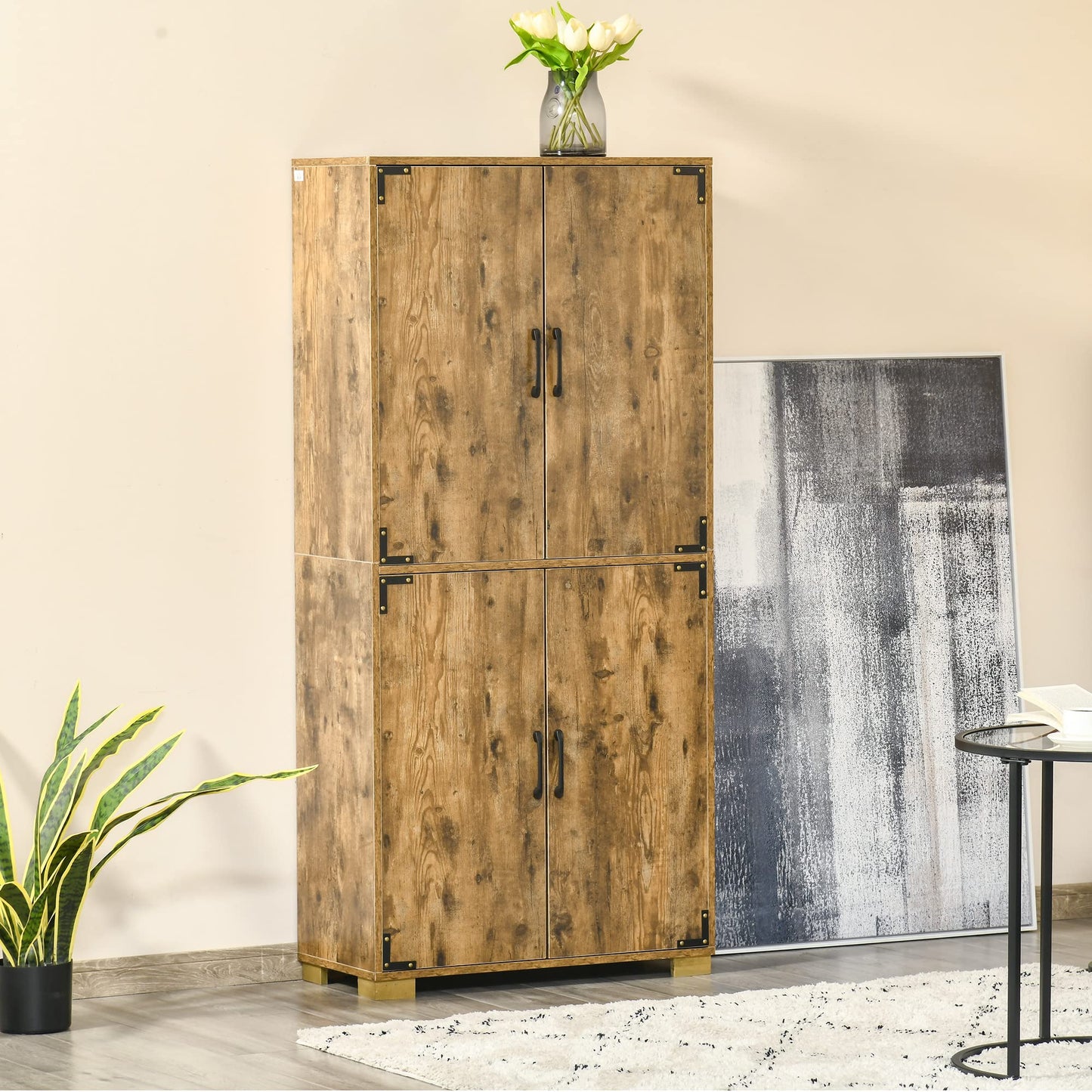 HOMCOM Industrial Kitchen Pantry Cabinet with 4 Doors and Storage Shelves, Freestanding Storage Cabinet, Rustic Wood - WoodArtSupply