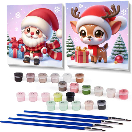 2 Pack Christmas Paint by Numbers for Kids with framed, DIY Cute Cartoon Christmas Kids Paint by Number Kits on Canvas, Arcrylic Easy Paint by Number for Kid and Adults Home Wall Decor 7.8x7.8Inch Amzdiyfun