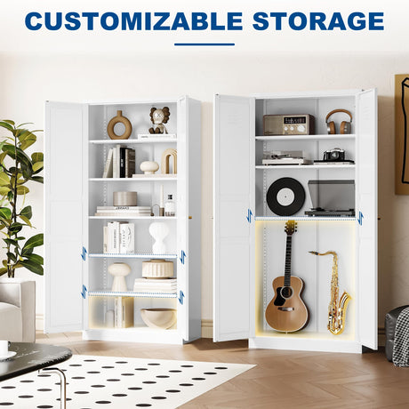 Fesbos Metal Storage Cabinet-71” Tall Steel File Cabinets with Doors and 5 Adjustable Shelves-White Steel Storage Cabinet for Home,Kitchen, School, Office, Garage Fesbos
