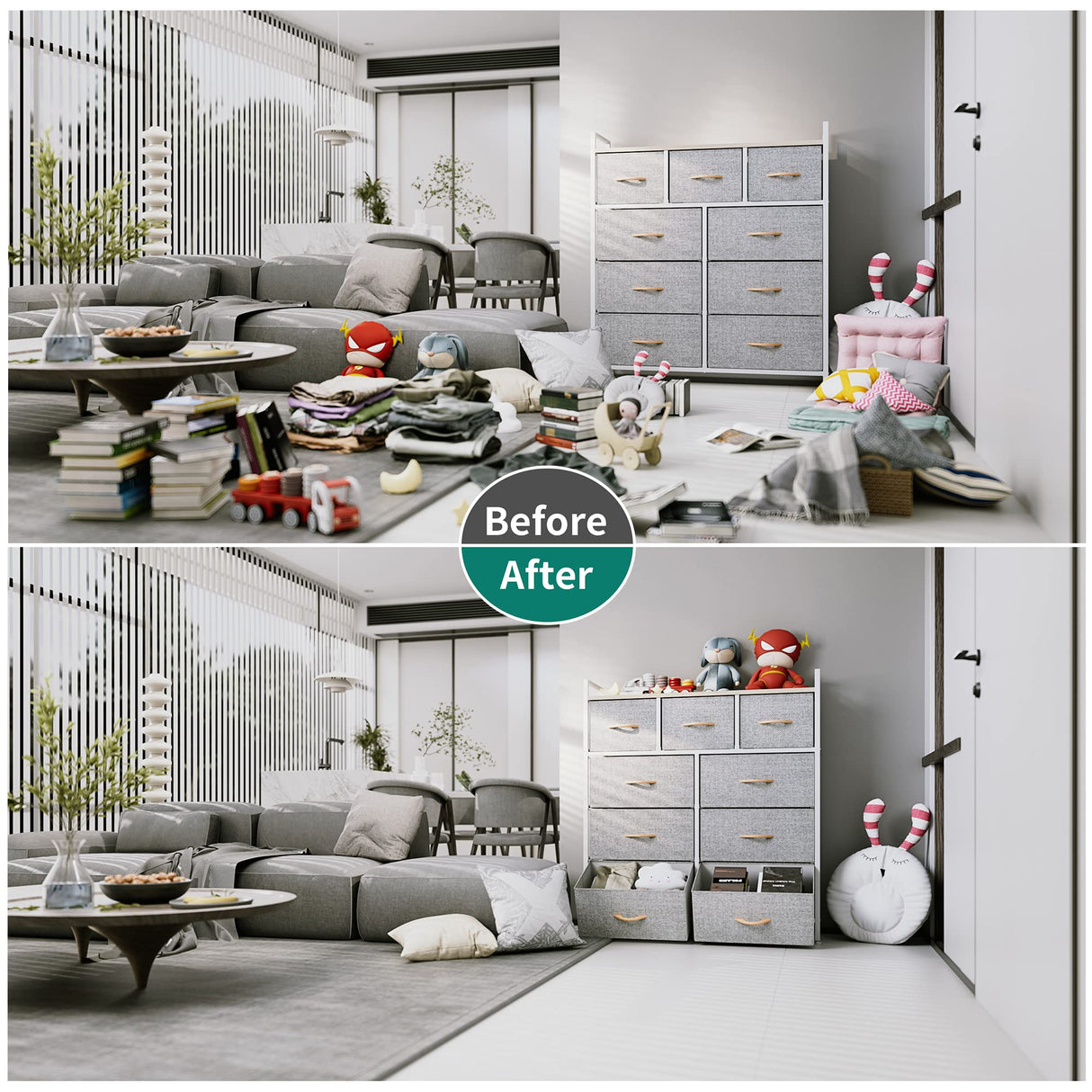 YITAHOME 9-Drawer Fabric Dresser, Furniture Storage Tower Cabinet, Organizer for Bedroom, Living Room, Hallway, Closet & Nursery, Sturdy Steel Frame, Wooden Top, Easy-to-Pull Fabric Bins(Light Grey) YITAHOME