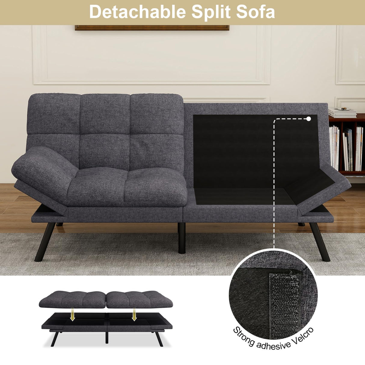 MUUEGM Futon Sofa Bed Memory Foam Small Loveseat Sleeper Sofa Dark Grey with Adjustable Backrest Removable Armrests for Small Space Office Couch,Living Room,Apartment MUUEGM