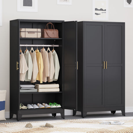 71" H Metal Armoire Wardrobe Closet, Adjustable Shelve, Clothes Drying Pole, Steel Wardrobe Cabinet for Bedroom (Black) Ckzbx