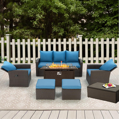 GYUTEI 7 Piece Patio Furniture Set w/ 44" Propane Fire Pit Table, Outdoor Sectional Conversation Rattan Sofa Set with Recliner, Storage Coffee Table for Garden, Porch, Backyard(Blue) - WoodArtSupply