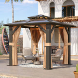 Aoxun 8'x8' Hardtop Gazebo, Aluminum Frame Permanent Pavilion with Curtains and Netting, Outdoor Polycarbonate Double Roof Canopy, Designed for Garden, Lawns, Patio, Brown Aoxun