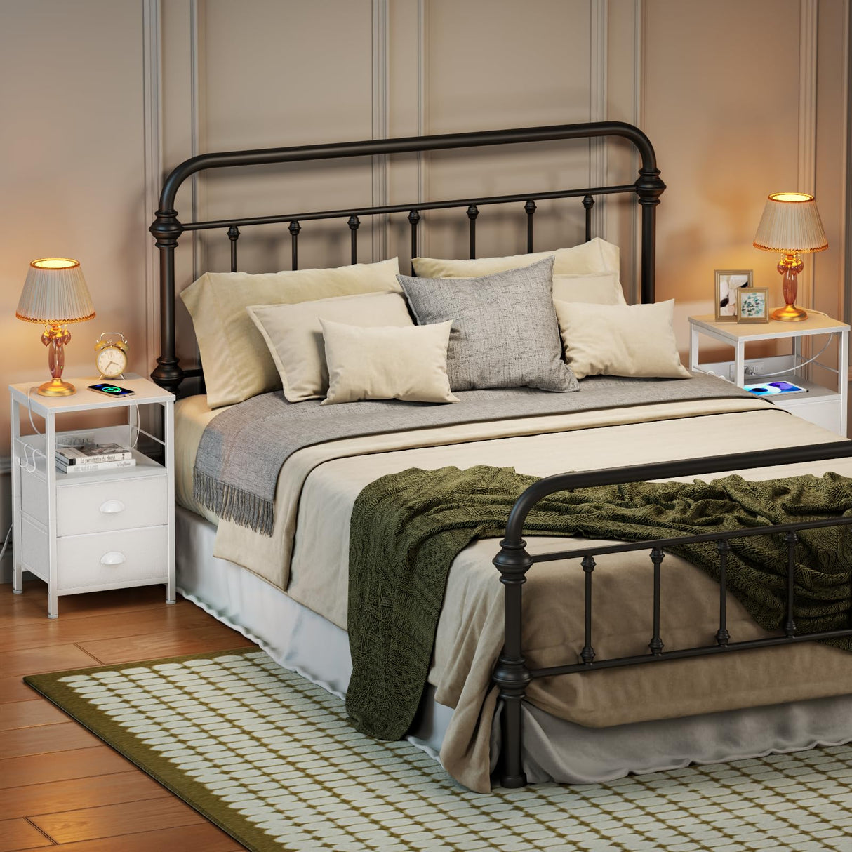 Furologee Nightstands Set of 2, Night Stands with Charging Station, Side Tables with 2 Fabric Drawers, End Tables with Storage Shelves, for Bedroom, White Furologee