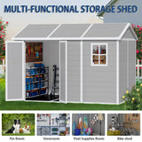 10x8 FT Resin Outdoor Storage Shed with Floor, Weather-Resistant Plastic Garden Shed with Windows, Lockable Door and Vents, Outside Tool Storage Sheds for Backyard, Garden, Lawn, Grey Pipleo