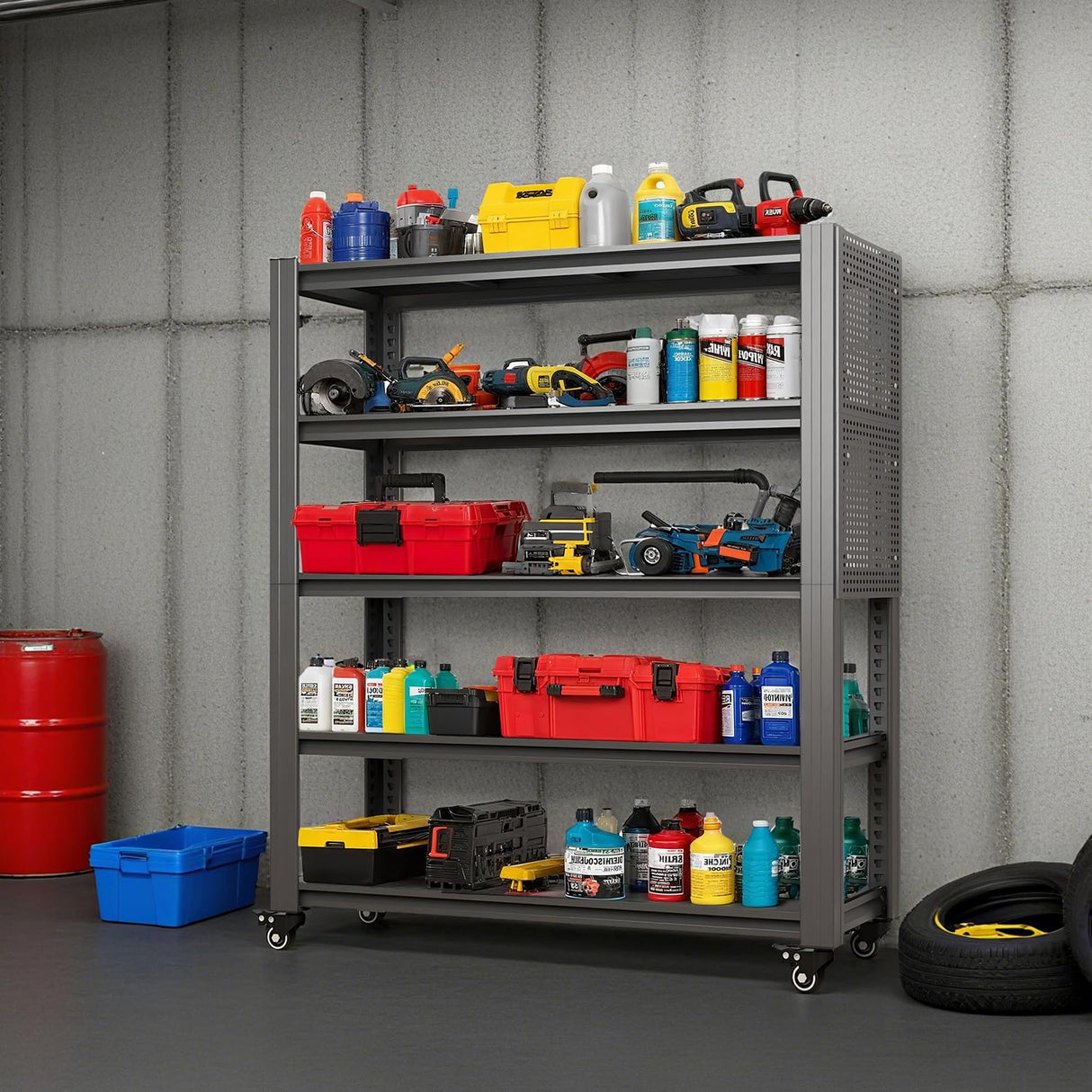 DITOMARRIO 78" H 5-Shelf Metal Storage Shelves, 2000 lbs Garage Shelving Unit with Pegboard, Adjustable Industrial Heavy Duty Storage Rack with Wheels, 47.2" W x 18" D for Pantry Basement, Black DITOMARRIO