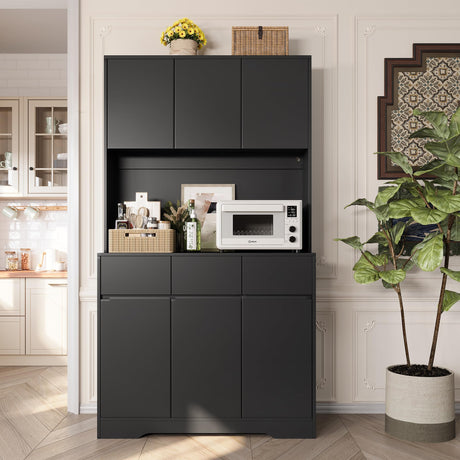 NBYSGO 71" Pantry Cabinet with Charging Station and LED Lights, Tall Kitchen Pantry Storage Cabinet with Microwave Stand, Modern Hutch with Storage Drawers for Dining Room, Living Room, Black NBYSGO