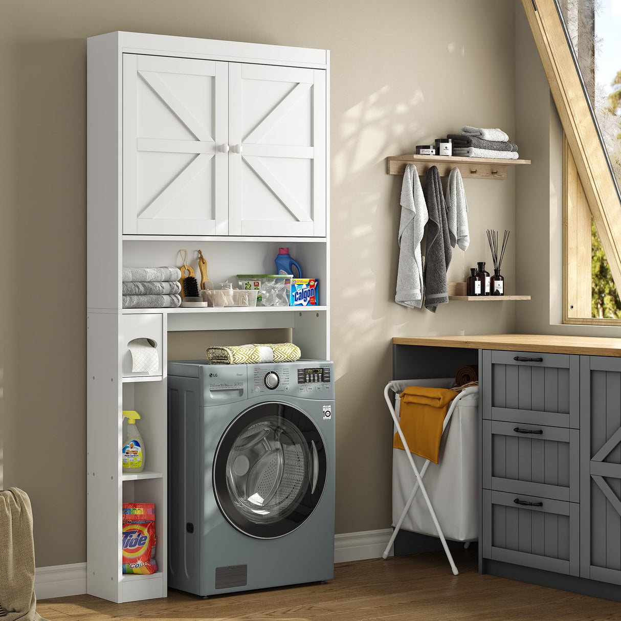 furomate Over The Toilet Storage Cabinet with Barn Doors, 32.3''W Free Standing Toilet Storage Shelf Space Saver with Adjustable Bottom Bar, White furomate