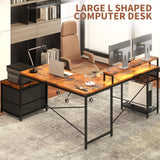 OtterOasis 66" L Shaped Desk with Drawer, 113" 2 Person Desk with Printer Stand, Large Convertible L Shape Gaming Desk with Power Outlet, Computer Desk with Led Light for Home Office, Rustic Brown OtterOasis
