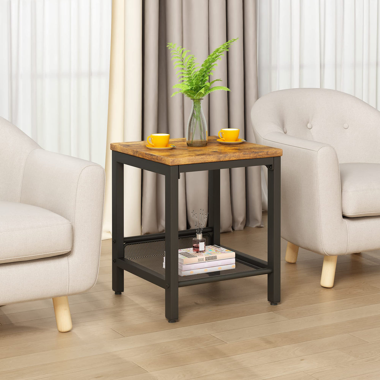 Lamerge 3 Pieces Living Room Table Set, Industrial Coffee Table with 2 Square End Side Tables, Coffee Table Set with Metal Frame for Apartment Home Office, Rustic Brown Lamerge