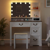 Lareth Farmhouse Vanity Desk with Lighted Mirror & Power Outlet, 39 inch Rustic Makeup Vanity Table with Drawers and Stool, Hollywood Mirror with 3-Color Lights, White Dressing Table for Women Girls Lareth