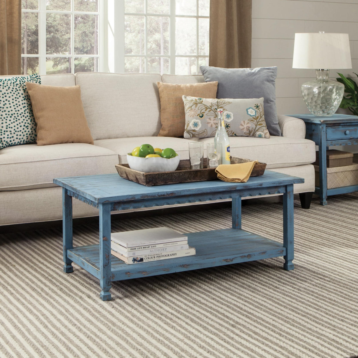 Rustic Rectangular Coffee Table, 42 in. W x 24 in. D x 18 in. H, Living Room Blue Antique, W/ (1) 36 in. W x 18 in. D x 10 in. H Shelf, Farmhouse/Cottage Style, Select Hardwood/Construction Alaterre Furniture