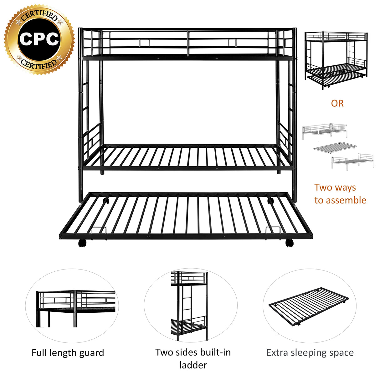 HomJoones Twin Over Twin Metal Bunk Bed with Trundle Heavy Duty Twin Size Metal Bunk Beds Frame with 2 Side Ladders Convertible Bunkbed with Safety Guard Rails,No Box Spring Needed (Black) HomJoones