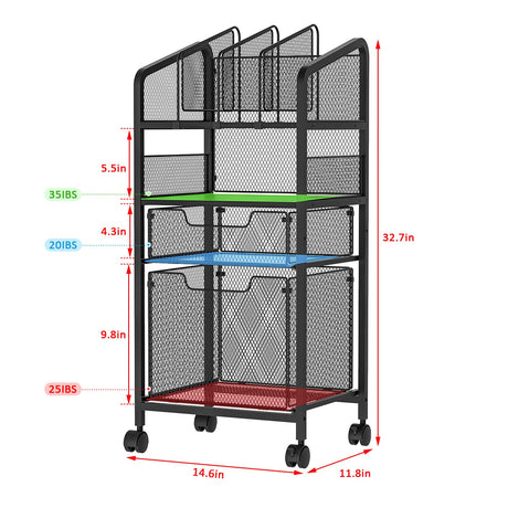 Huxitocan 4-Tier Rolling File Cart with Hanging File Organizer, Mobile File Cabinet with Storage Drawer, Rolling Utility Cart Storage and Organizer Office Cabinet for Home Office Huxitocan
