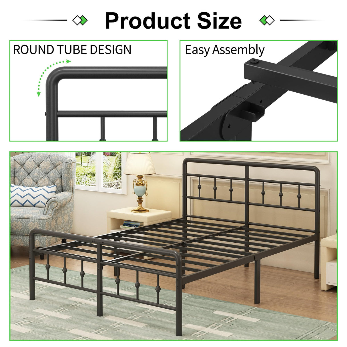 EMODA 16 Inch King Bed Frame with Headboard and Footboard, Heavy Duty King Size Metal Bed Frame, No Box Spring Needed, Easy Assembly EMODA