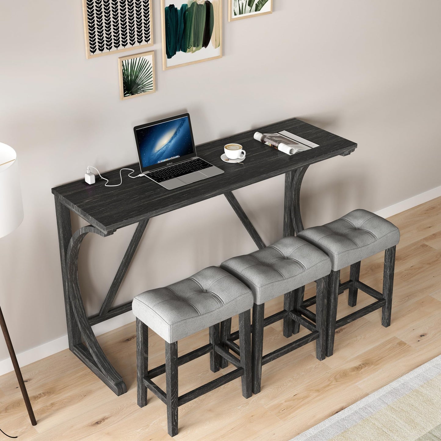 Holaki Industrial Bar Table and Chairs Set with USB Port - 4 Piece Grey and Black Console Table and Padded Stools - WoodArtSupply