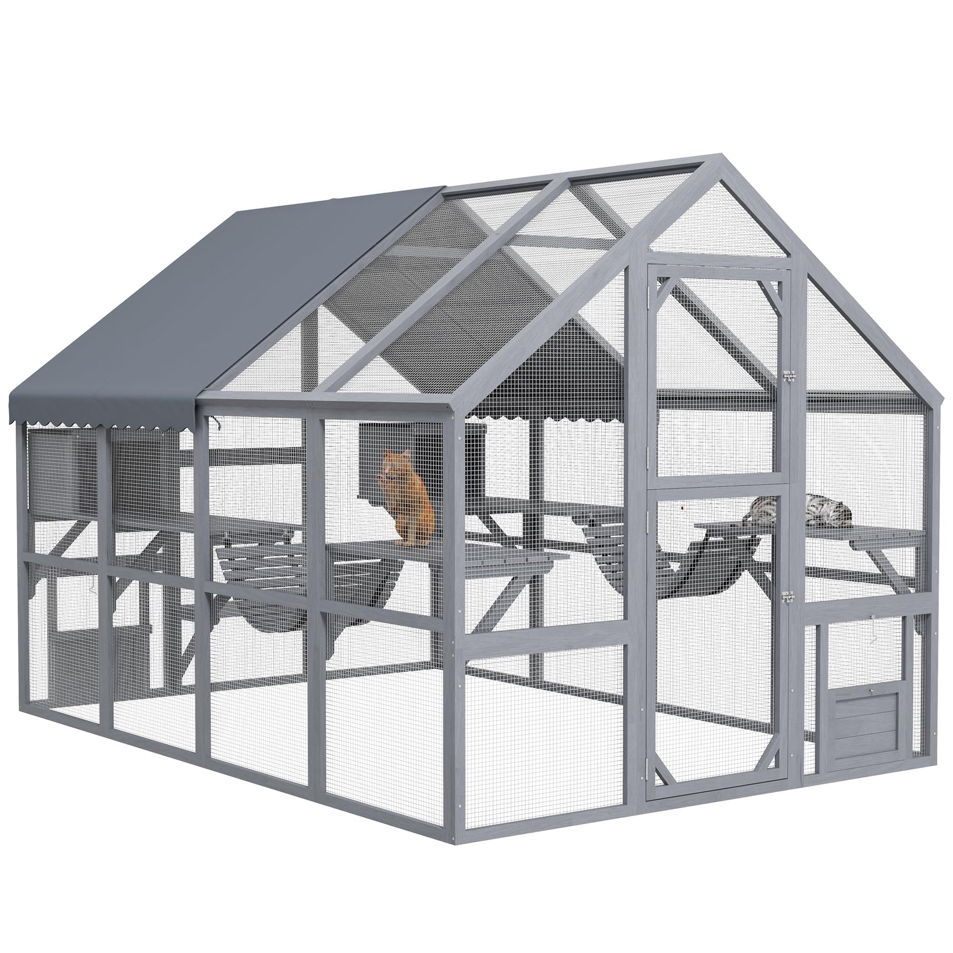 PawHut 9.2' Catio, Outdoor Cat Enclosure House, Wooden Feral Cat Shelter with Condos, UV and Waterproof Canopy, Suspension Bridges, Platforms & Multiple Doors for 3-6 Cats, Gray - WoodArtSupply